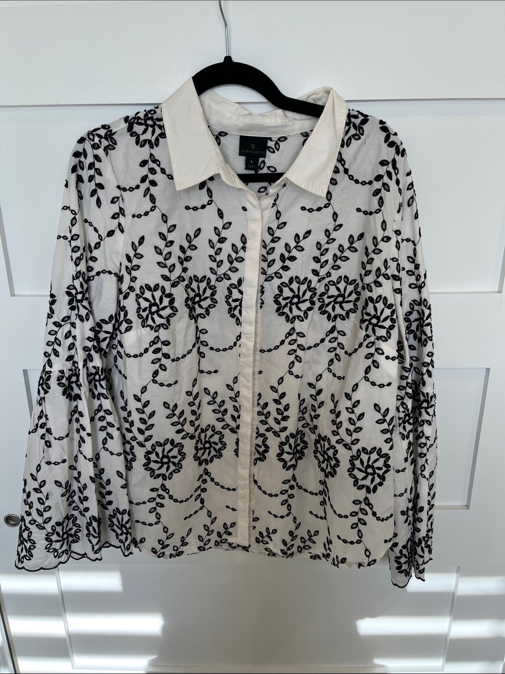 Worthington White Blouse with Black Leaf Embroidery